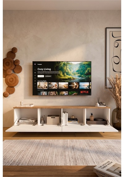 Yurudesign Nord Tv Ünitesi Orta Sehpa 2'li Set Ahşap Ayaklı Sepet-beyaz Nd20-sw