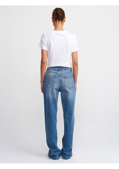 Dilvin Vintage Görünümlü Wideleg Denim Pantolon Mavi