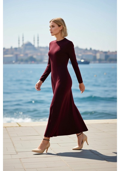 Benerly Kadın Maxi Elbise A Kesim Bisiklet Yaka Uzun Standart Kol Örme Dö Bordo