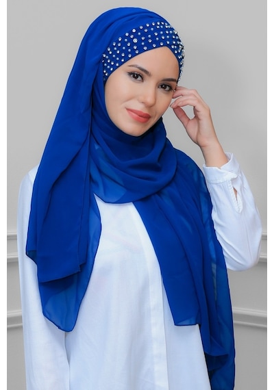 Hürrem Bone Saks Mavisi Pratik Hazır Geçmeli Bone Şal Şifon Kendinden Boneli (553630068)