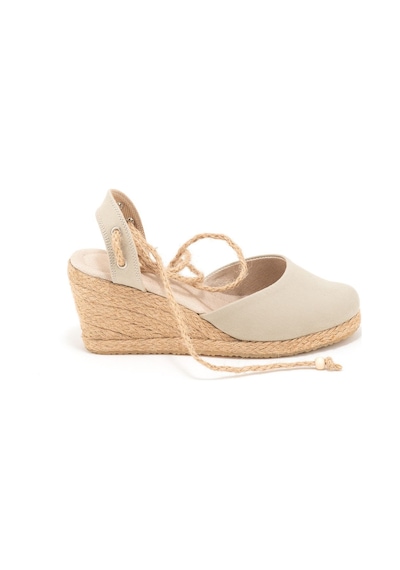 Star Tombis Gerçek Elişi Topuğu Açık Bilekten Bağlamalı Bej Dolgu Topuk Keten Hasır Espadril Handmade Bej