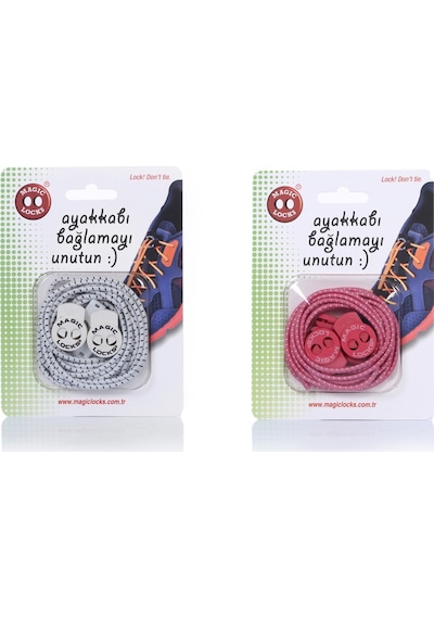 Magic Locks Yuvarlak Akıllı Ayakkabı Bağcık 2'li Set Beyaz-Pembe