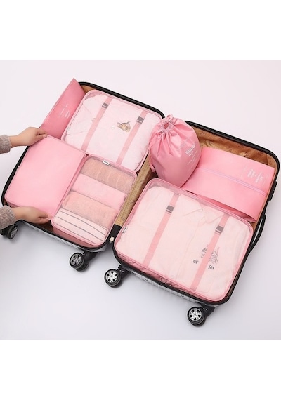 Tcherchi 7 Adet Bavul Organizatör Taşınabilir Saklama Çantası, Seyahat Aksesuar Kit Seti Pembe A Pembe