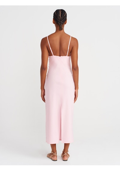 Dilvin 91479 Büzgülü Midi Elbise-toz Pembe Toz Pembe