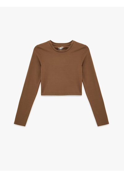 Koton İnterlok Uzun Kollu Bisiklet Yaka Slim Fit Spor Crop Tişört Kahverengi 6wak10313nk Kahve
