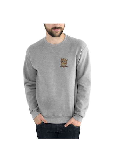 Owl Uykucu Baykuş Göğüs Baskılı Gri Erkek Örme Sweatshirt