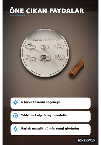 Pirinç Bohem Detaylı 6 Adet Yüzük Seti - Gümüş Rengi, 7-8 Numara, Bijuteri Aksesuar Bx-313713 Çok Renkli