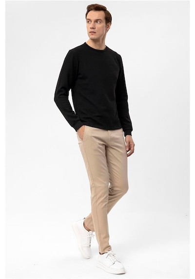 Süvari Siyah Slim Armürlü Bisiklet Yaka Sweatshirt Siyah