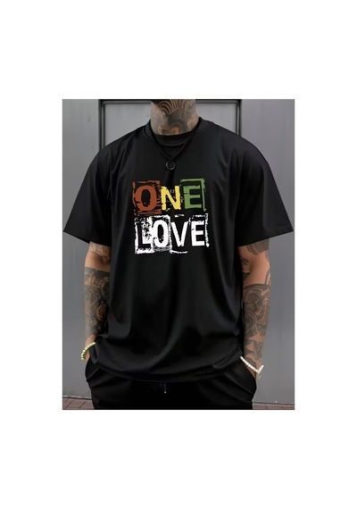 Erkek One Love Grafik Basklı Komfort T-shirt Siyah