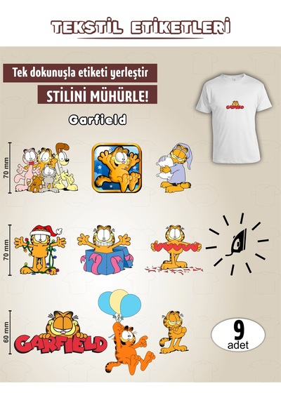Ütü İle Yapışan Kıyafet Etiketi Garfield 9lu Set Karışık