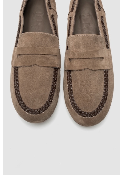 Luvi Shoes Francıs Koyu Bej Süet Hakiki Deri Örgü Detaylı Kadın Loafer Ayakkabı