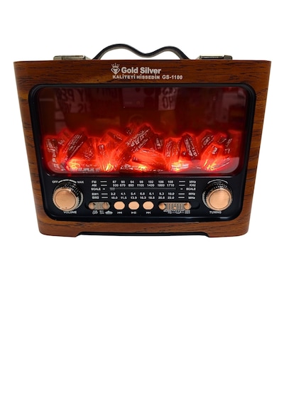 Gold Silver Gs-1100 Şömine Efektli Nostaljik Radyo Şarjlı Ahşap Bluetooth Hoparlör Fm Usb Tf