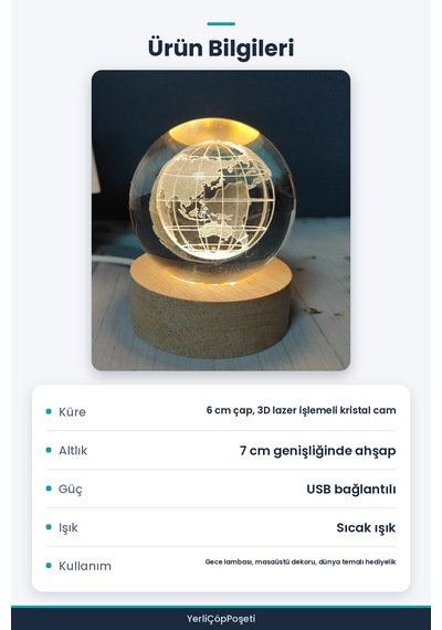 Işıklı Kristal Cam Küre - Dünya Haritalı - Ahşap Altlıklı - Usb Gece Lambası Standart