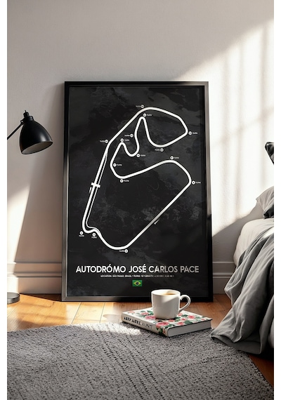São Paulo F1 Pisti Ahşap Çerçeveli Tablo Brezilya Gp Dekor Poster Siyah