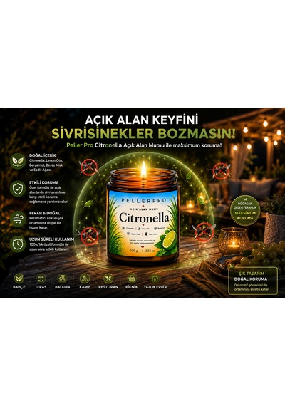 Açık Alanların Tercih Edilen Citronella& Limon Otu Mumu Bahçe Ve Teras Mumu 100gr Beyaz
