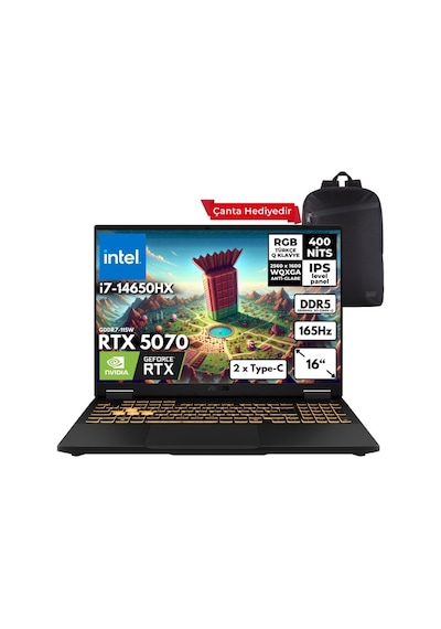 Asus TUF Gaming F16 FX608JPR-QT002HMF18 i7-14650HX 32 GB 1 TB SSD SSD RTX5070 16" W11P Dizüstü Bilgisayar