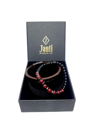 Jtss26blk1712 Hakiki Deri Alaşımlı Metal Kilit Ceyt Onyx Ve Hematit Doğaltaş Kutulu Garantili Janti Kombin Bileklik Çok Renkli