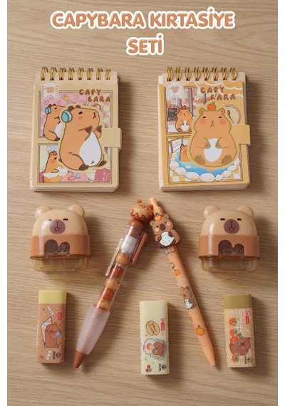 X Dekomus Capybara Kırtasiye Seti A7 Not Defteri, Silgi, Kalemtraş,0.7 Mm Uçlu Kalem Altın