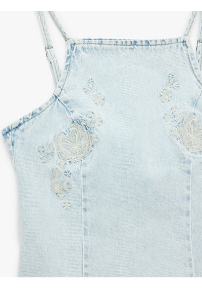 Koton Kare Yaka Nakışlı Sırt Detaylı Kolsuz Denim Bluz Açık İndigo 6sal30023md