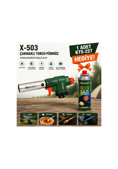 Orcamp X-503 Çakmaklı Torch Pürmüz 1 Adet Kts-227 227 Gr Gaz Kartuşu Hediyeli Çok Renkli