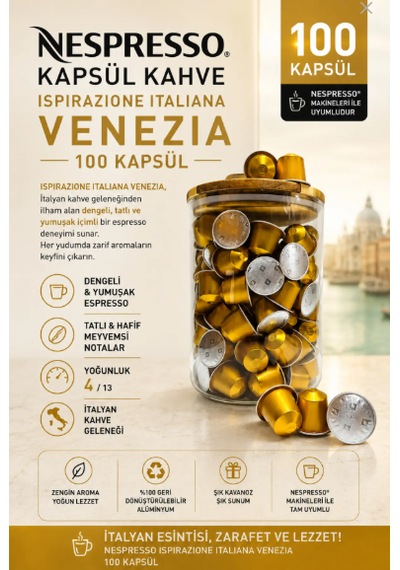 Kapsül Kahve Venezia 100 Kapsül + Cam Saklama Kutusu Hediyeli