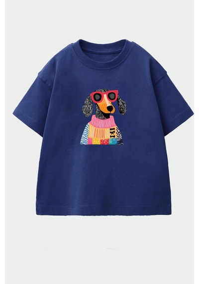 Monila Kız Çocuk Köpek Baskılı Pamuklu Bisiklet Yaka T-shirt Lacivert
