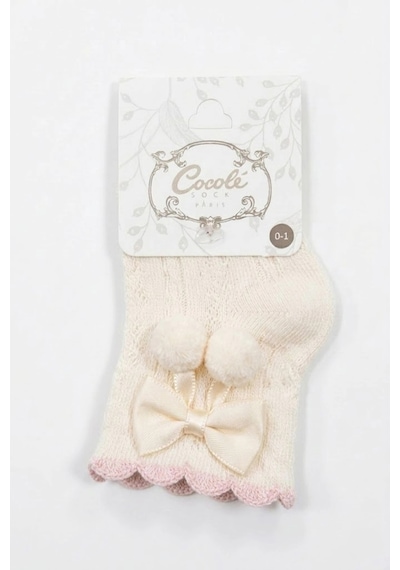 Cocole Socks Kız Çocuk Aksesuarlı Soket Çorabı Tekli Pamuklu Ponponlu Ekru Desenli