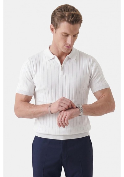 Deepsea Erkek Beyaz Polo Yaka Fermuarlı Çizgi Dokulu Regular Fit Likralı Triko Tişört 2608008 Deepsea Erkek Beyaz Polo Yaka Fermuarlı Çizgi Dokulu Regular Fit Likralı Triko Tişört 2608008