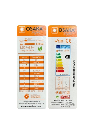 6w 50w Günışığı 4000k E14 Led Mum Ampul, 2 Adet Standart
