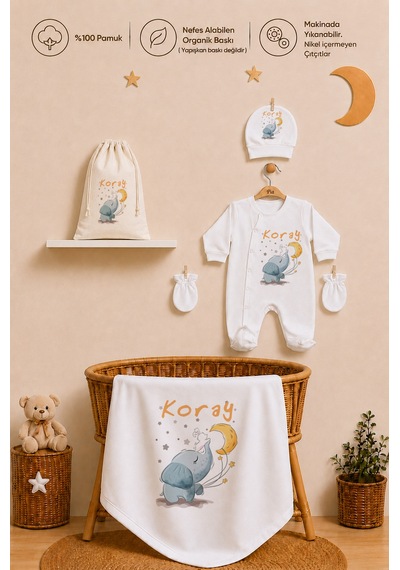 Pia Baby İsme Özel Hastane Çıkışı %100 Pamuk Erkek Bebek Organik Baskılı Tulum Set Keseli Hediyelik 2068tybk0x Krem
