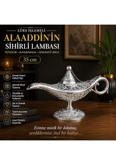 Lüks Alaaddin Sihirli Lamba 35 Cm Tütsülük Buhurdanlık Zamak İşlemeli Dekoratif Biblo Obje 01526515