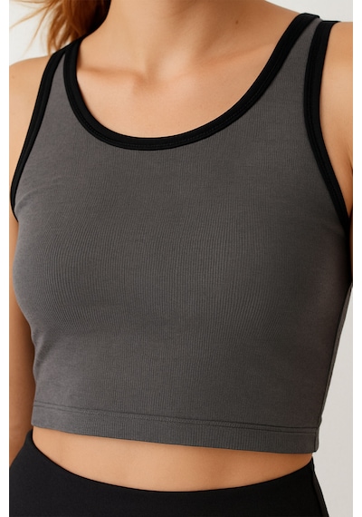 Tommy Life Antrasit Melanj Basic Sıfır Kol Dar Kalıp U Yaka Kadın Crop Top Atlet - 97162 Antrasit