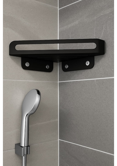 Üçgen Banyo Rafı Duvar Tipi Sıyah 4 Adet Vida Dübel Dahil Paslanmaz Çelik Siyah