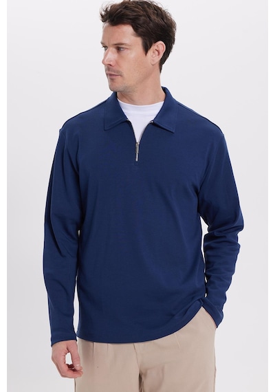 Tudors Erkek Relax Fit Rahat Kesim %100 Pamuk Yarım Fermuarlı Polo Yaka İnterlok Lacivert Sweatshirt-42169 Lacivert