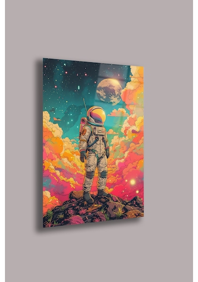 Renkli Bulutlar İçinde Astronot 4mm Cam Tablo Pop Art Uzay Uv Baskı Beyaz