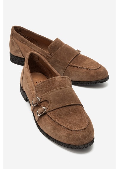 Luvi Shoes Daly Toprak Süet Hakiki Deri Tokalı Kadın Loafer Ayakkabı