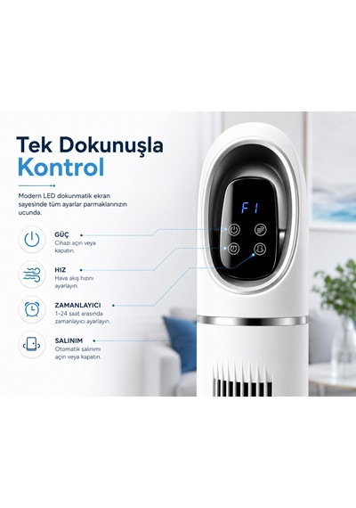 Kule Tipi Vantilatör 45 İnç, Uzaktan Kumandalı, 3 Hız Kademeli, 3 Modlu Normal/doğal/uyku , Salınımlı, Dokunmatik Kontrollü, 24 Saat Zamanlayıcılı, Beyaz