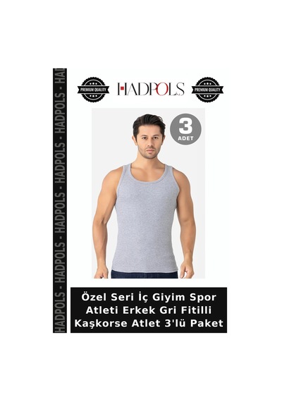 Hadpols Özel Seri İç Giyim Spor Atleti Erkek Gri Fitilli Kaşkorse Atlet 3'lü Paket