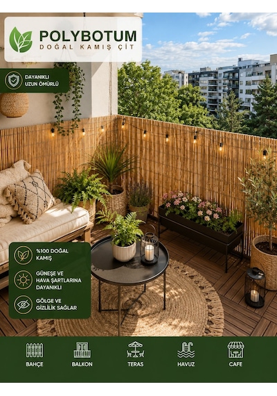 Polybotum Premium Doğal Kamış Hasır Balkon Çiti 50x300 Cm Sık D