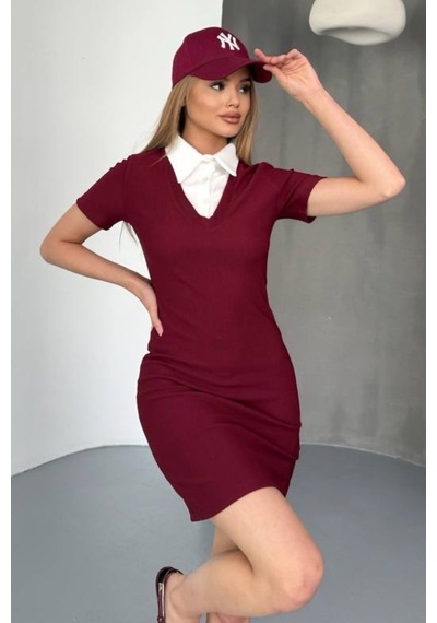 Ded Collectıon Kadın Beyaz Gömlek Yaka Detaylı Ottoman Kumaş Kısa Kol Mini Elbise Bordo