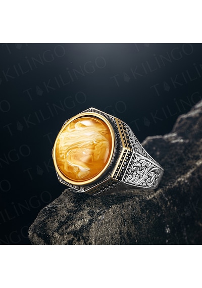 Takılingo 925 Ayar Gümüş Yuvarlak Sarı Kehribar Taşlı Erkek Yüzük Gümüş