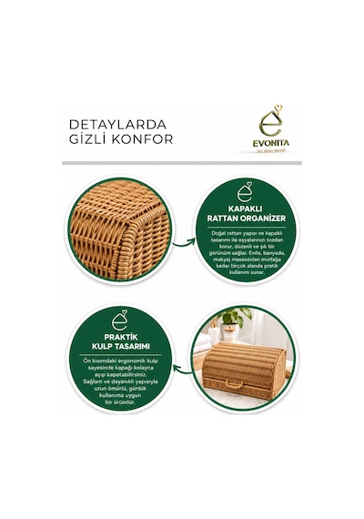 Evonıta Kapaklı Rattan Organizer Sepet Hasır Görünümlü Çok Amaçlı Banyo Makyaj Kozmetik Düzenleyici Saklama Kutusu Kahverengi