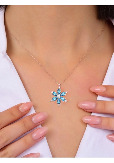 Brezza Lusso Jewelry 925 Ayar Lotus Çiçeği Aquamarin Taşlı Rose Gold Kadın Gümüş Kolye 40770879 42 CM 42 CM