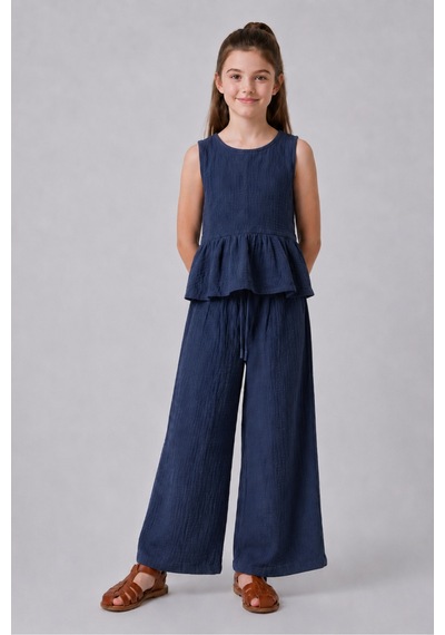 Angel&co. Girls Clothing Kız Çocuk Müslin Bluz Pantolon 2'li Takım Lacivert Lacivert