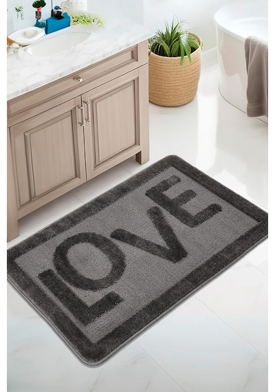 Doğal Kaymaz Taban Banyo Paspas Uzun Ömürlü Yumuşak Dokulu Su Emici Yıkanabilir Love 60x100 Antrasit