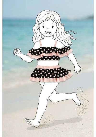 Zuzunga Puantiye Desenli Fırfırlı Siyah Renk Kız Çocuk Etekli Bikini Takımı