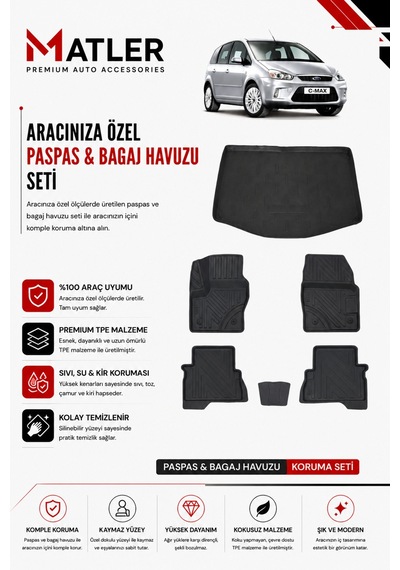 Ford C-max 2005 Model 4d Ekstra Havuzlu Paspas Ve Bagaj Havuzu Set