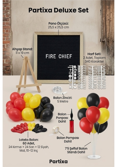 İtfaiyeci Temalı Doğum Günü Süsleme Deluxe Set Siyah Keçe Yazı Panosu Standlı Balon Zincirli 7li Şeffaf Balon Standlı İtfaiye Seti