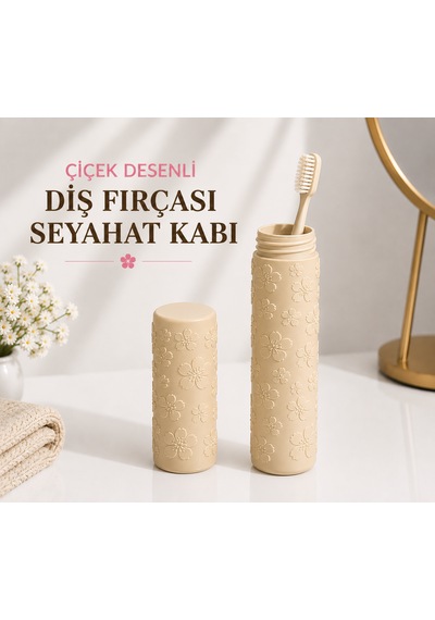 Çiçek Desenli Diş Fırçası Seyahat Kabı Hijyenik Ve Pratik Taşıma Kutusu Bej
