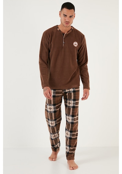 Buratti Ekoseli Regular Fit Düğmeli Bisiklet Yaka Kışlık Polar Erkek Pijama Takımı 60961002 Camel
